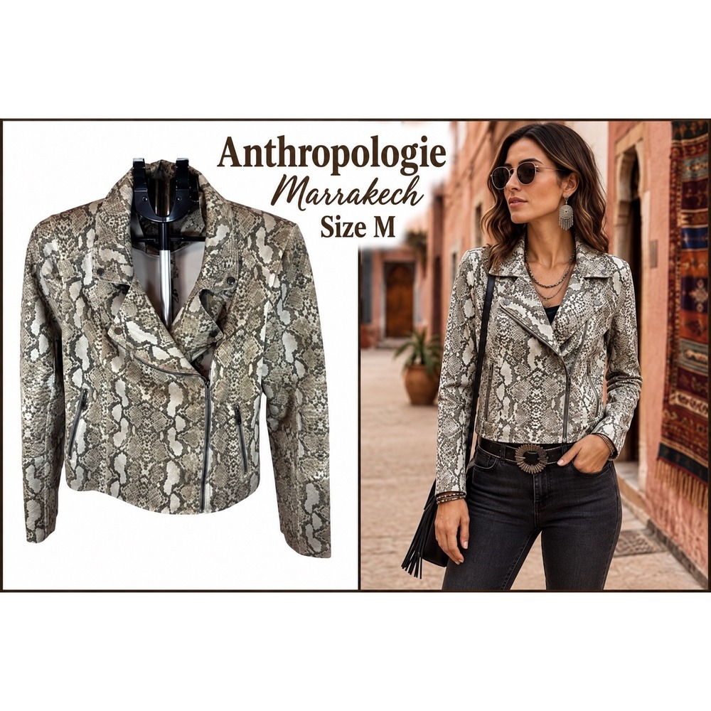 Anthropologie Marrakech Moto Jacket Medium Snake Print  Zip Stretch Bikercore